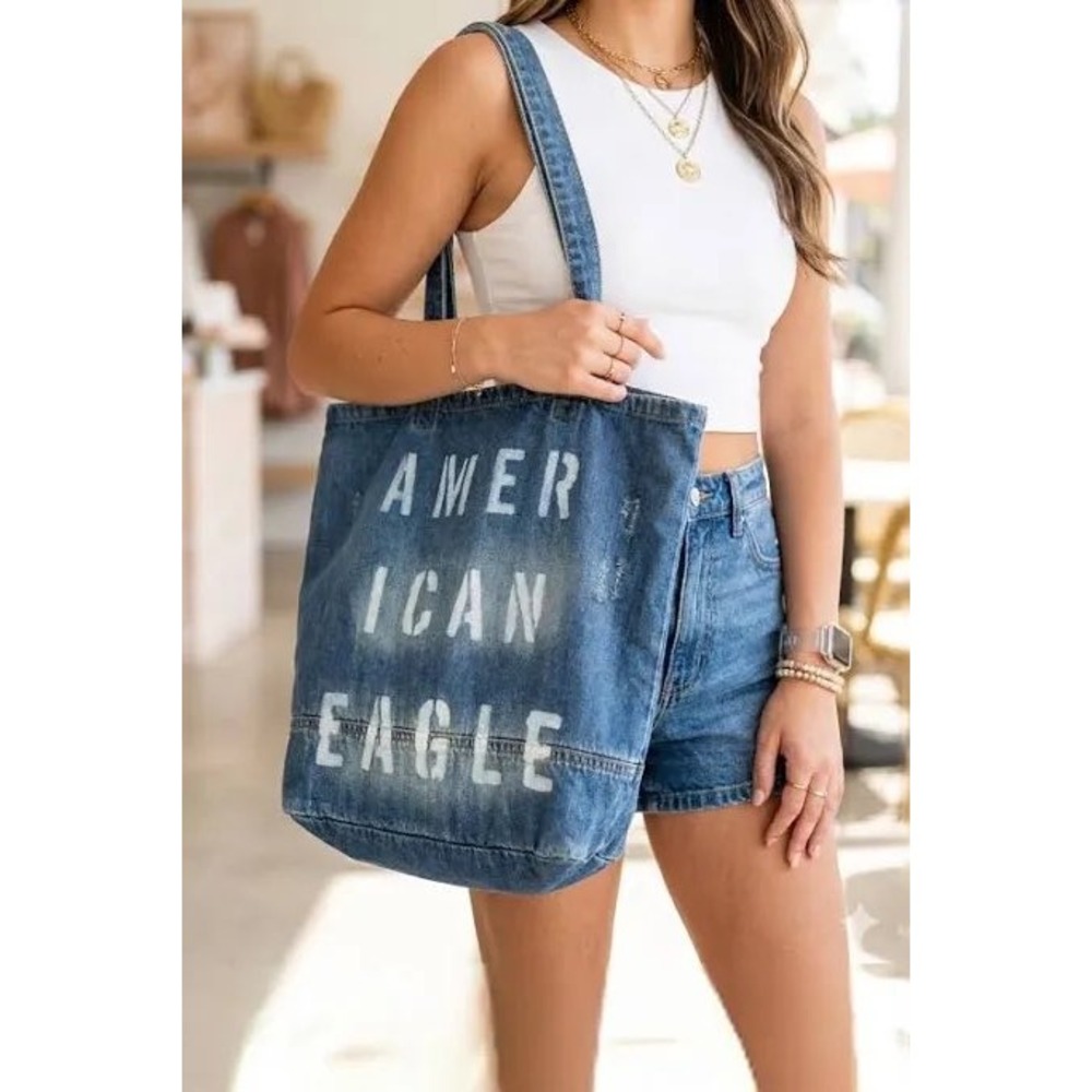 American‎ Eagle Tote Bag Unisex OS Blue Excellent Distressed Denim Stencil Logo